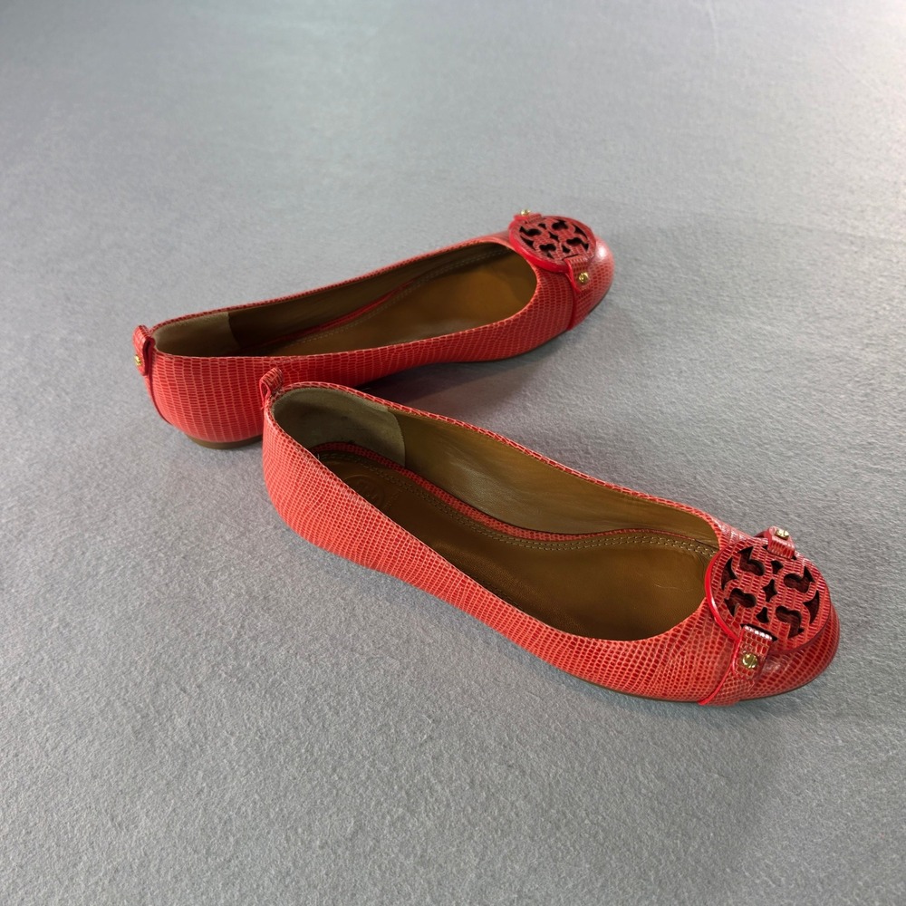 Tory Burch Reva Ballet Flats Orange Red Lizard Embossed Leather Logo 8.5